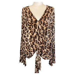 Entro Leopard Print Top with‎ Tie Front and Bell Sleeves Size M